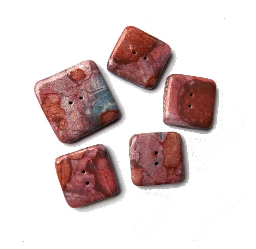 Pink purple blue Buttons set, Square - one 1"1/4 and four 1" - Instant collection - handmade polymer clay button