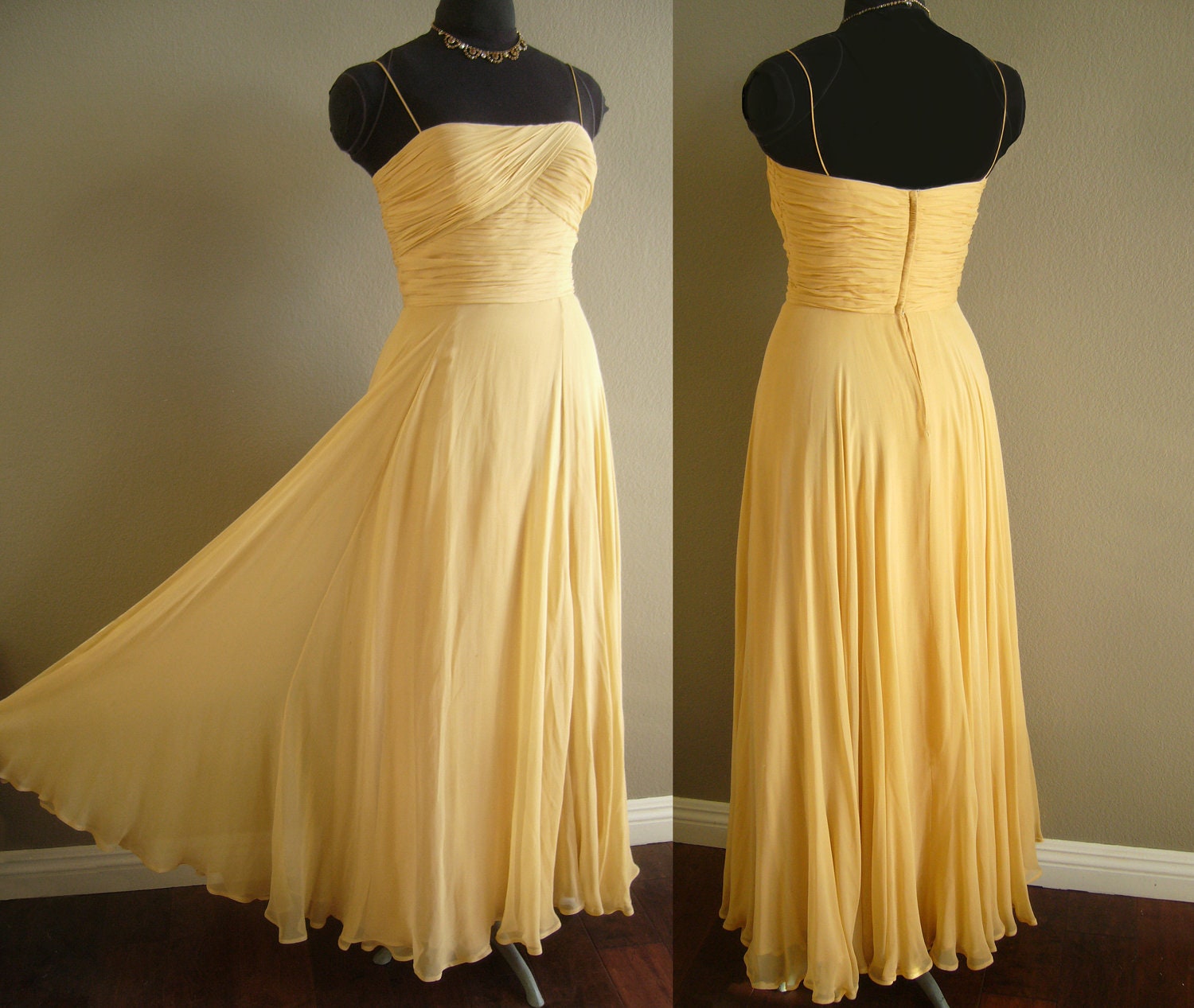 1950s Bullock's Westwood Weyburn Room, Layered Silk Chiffon Spaghetti Strap Dress, Sweetheart Neckline, Circle Skirt, Hong Kong, Sz 12