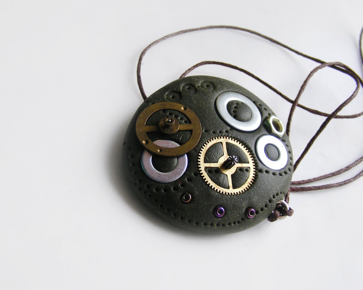 Steampunk polymer clay pendant, watch parts necklace, ooak steampunk mens jewelry, futuristic necklace, steam punk