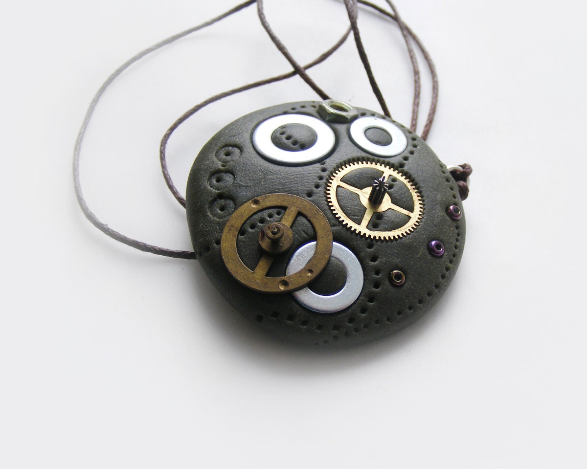 Steampunk polymer clay pendant, watch parts necklace, ooak steampunk mens jewelry, futuristic necklace, steam punk