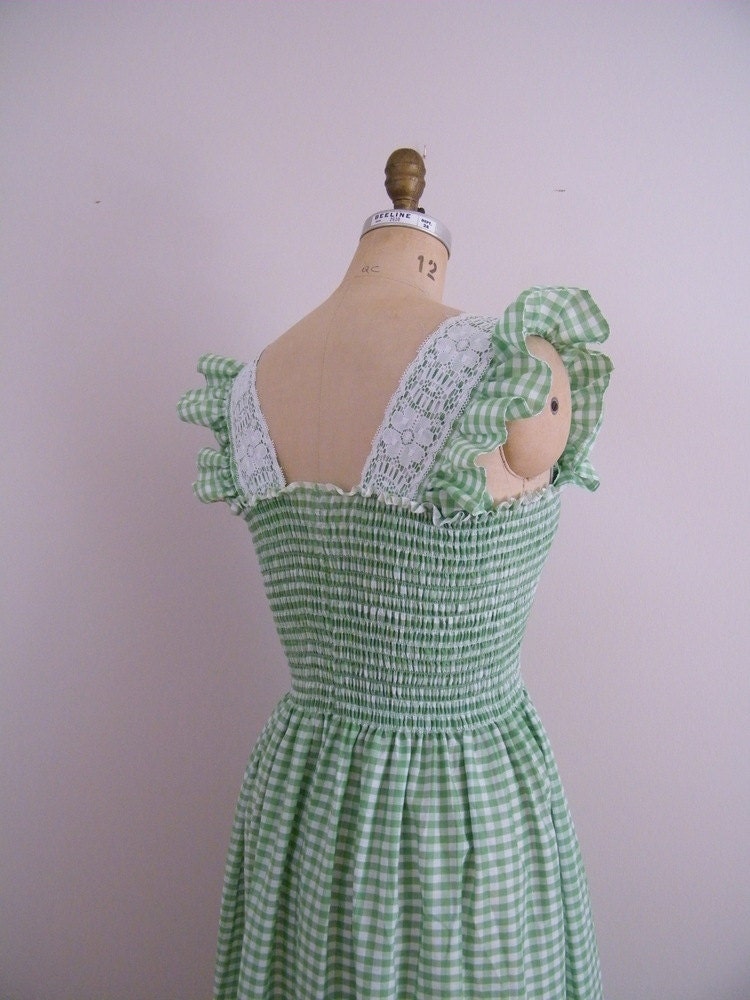 Vintage 1960s Maxi Dress / Green and White Gingham Hippie Dress