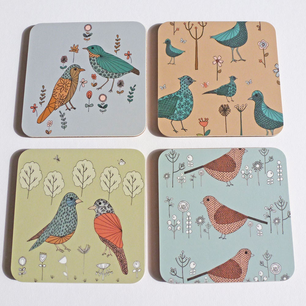 Colourful Bird and Floral Coasters set of four