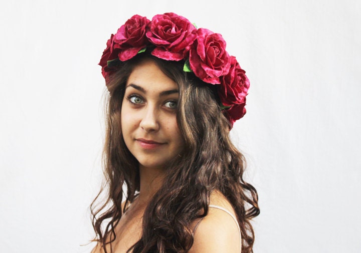 Velvet Rose Crown - Deep Rasberry  Flower Crown, High Fashion, Velvet Rose Hair Wreath, Frida Kahlo, Lana Del Ray, Romantic