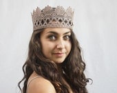 Lace Crown, Tiara. Romantic Taupe Goddess Lace Crown. Birthday Crown, Halo, Princess Crown, Bridal Hair, High Fashion Accessory
