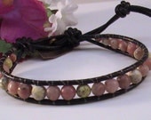 Black leather wrap bracelet with Pink, purple and green Lepidolite gemstone beads  - Healing stone - Free shipping to CANADA and USA