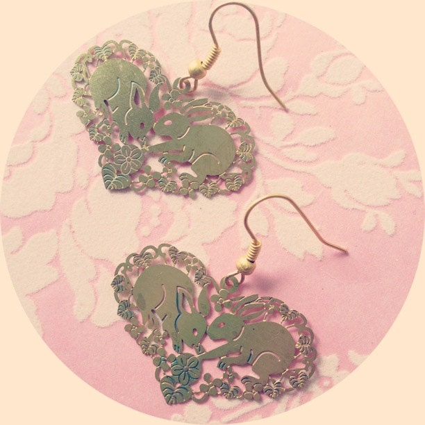 Gold Bunny Rabbit Filigree Heart Earrings
