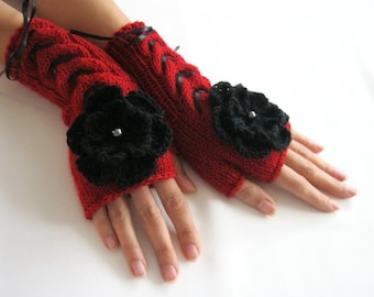RED and BLACK...Fingerless Gloves, Wool Mittens, Women Arm Warmers with cable pattern , flowers and satin ribbon, eco friendly