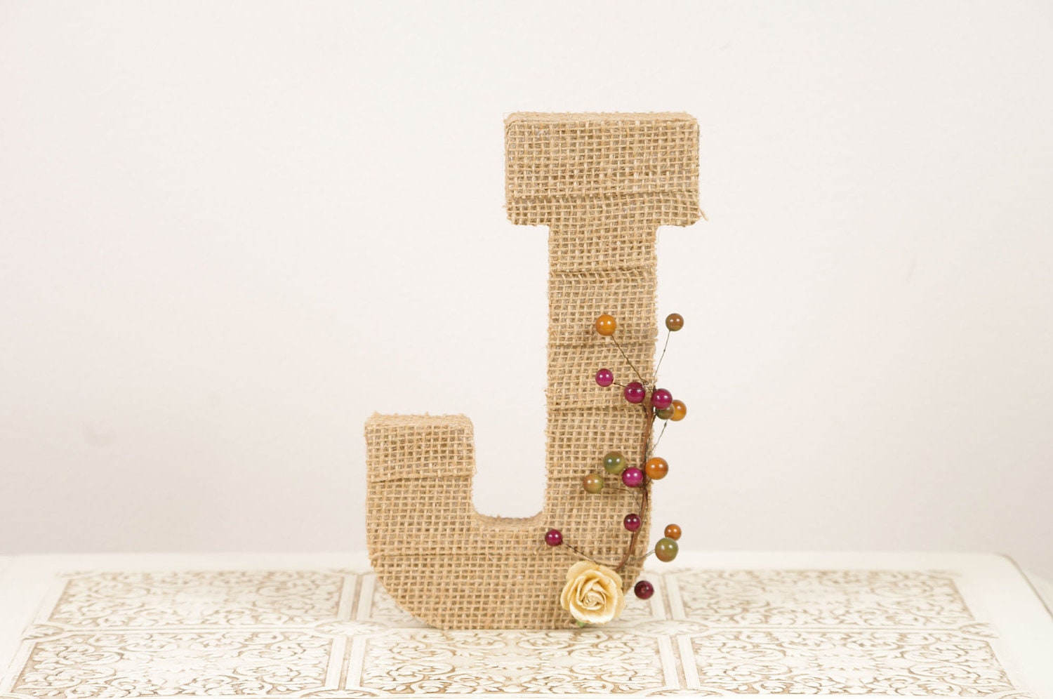 Burlap Letter J with Fall theme - Monogram, Wedding Decoration, Cake Topper, Table Centerpiece, Photography Prop