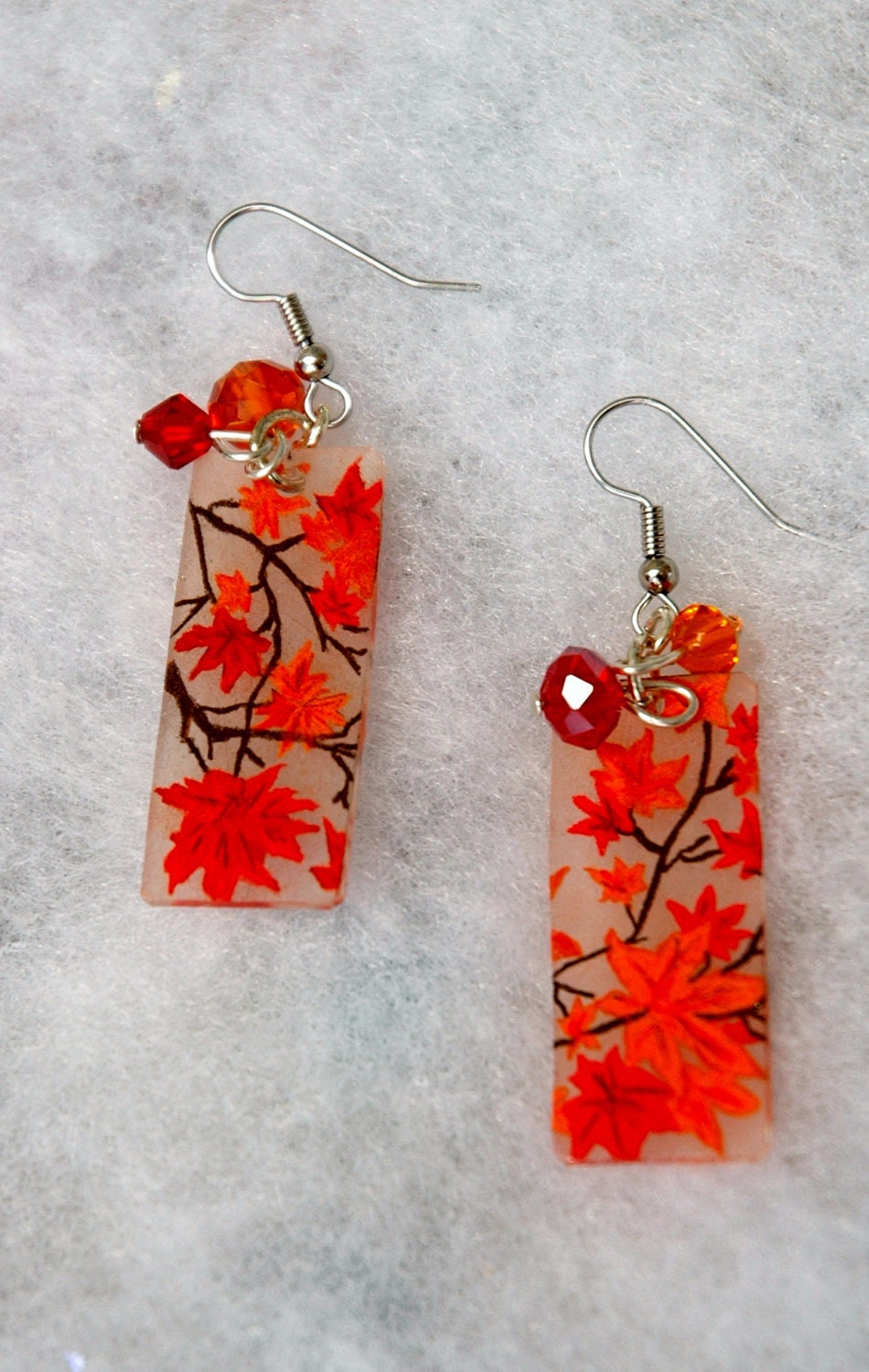 Handmade Autumn, Fall leaf shrink plastic earrings  Orange and Red Crystals.  2 1/2" long.  Free shipping - GreenInspiredDesigns