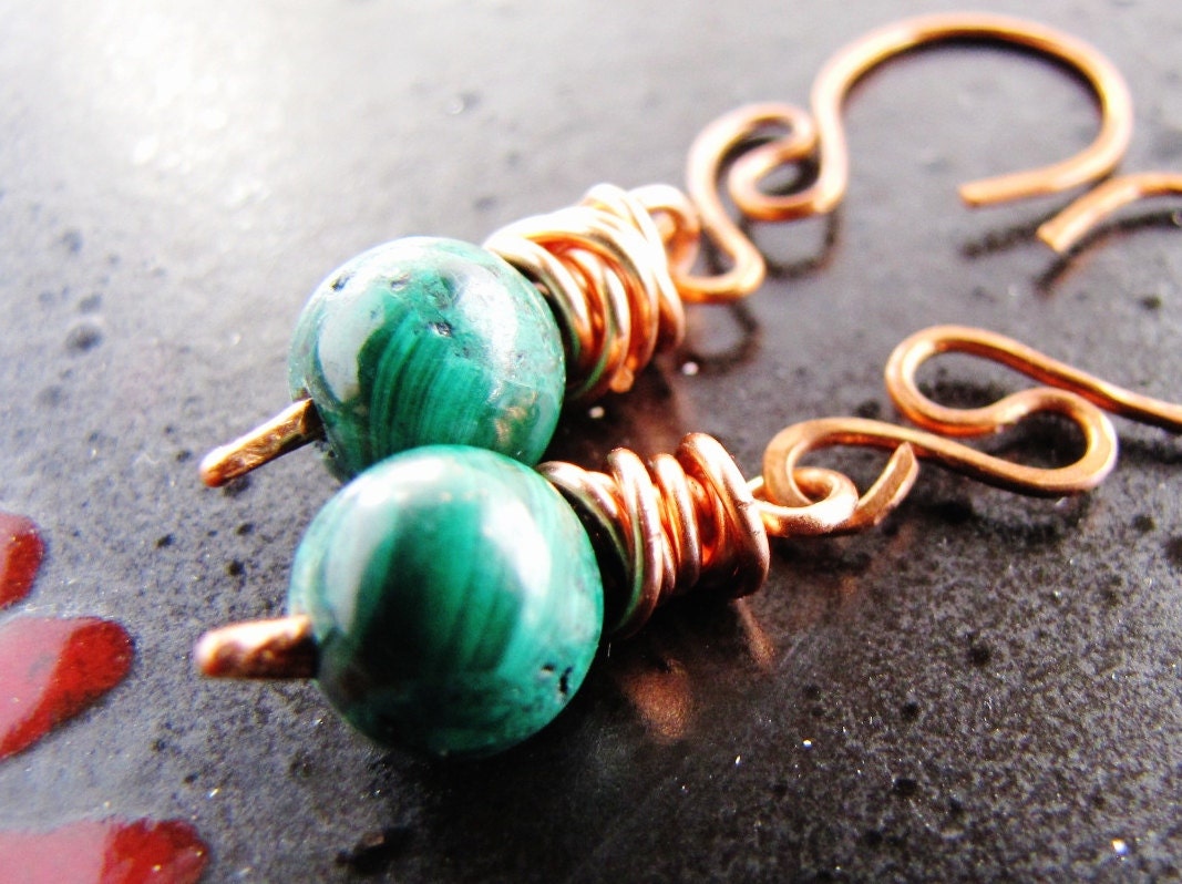 Earrings Green Malachite Copper Wirewrapped