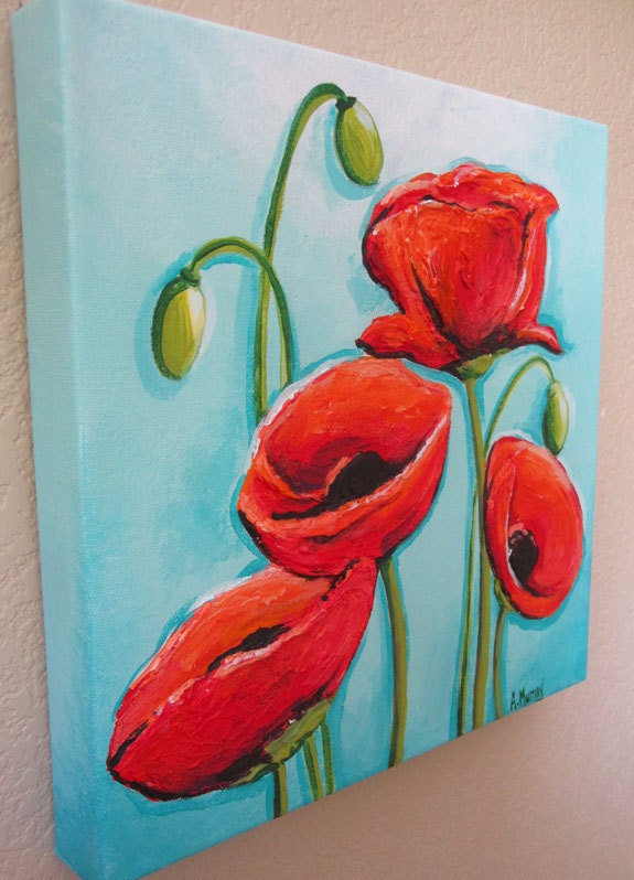 Red Poppy wall art - Textured Art, Abstract Flowers - 12x12 Acrylic on Canvas