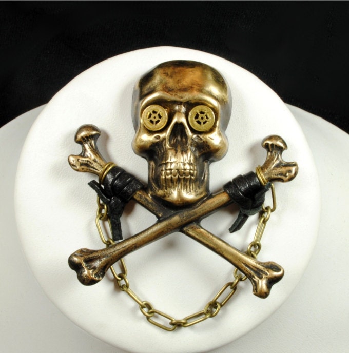 Steampunk Pin Skull Bones Hat Pin Steampunk Goggles Skull Crossbones Pirate Pin Steam Punk Jewelry By VictorianCuriosities