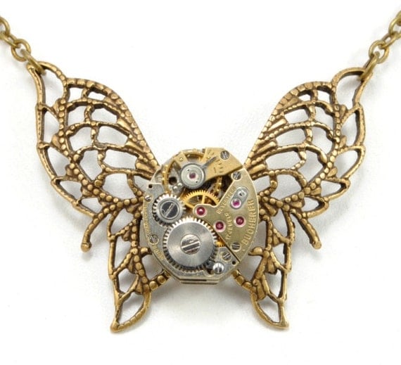 Steampunk Jewelry Necklace Steampunk Vintage Watch Necklace Butterfly Unusual Two-Tone Steampunk Jewelry By Victorian Curiosities