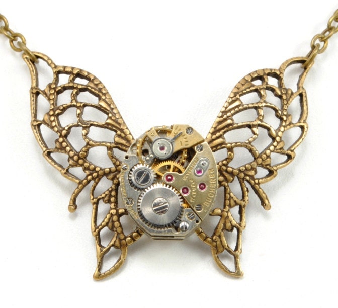 Steampunk Jewelry Necklace Steampunk Vintage Watch Necklace Butterfly Unusual Two-Tone Steampunk Jewelry By Victorian Curiosities
