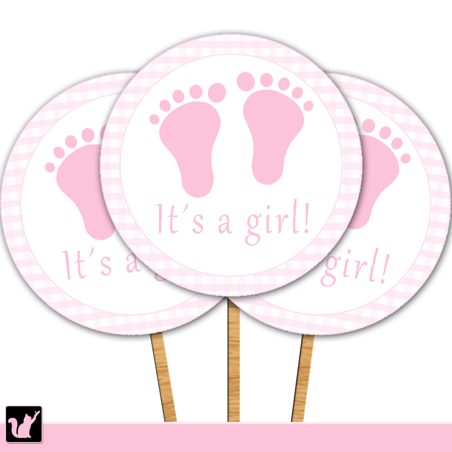 Printable cupcake toppers - Its a Girl Baby Shower Pink Baby Feet Treads Checkered Gingham Circle Tags Stickers Plaid