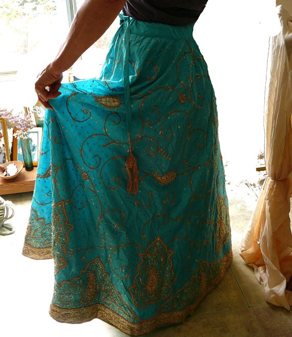 long dancing silk skirt, embroidered jari indian wedding skirt tatty goddess gypsy bohemian princess