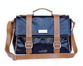 Luxury Leather Satchel in Black with Tan Trim and Bird print lining