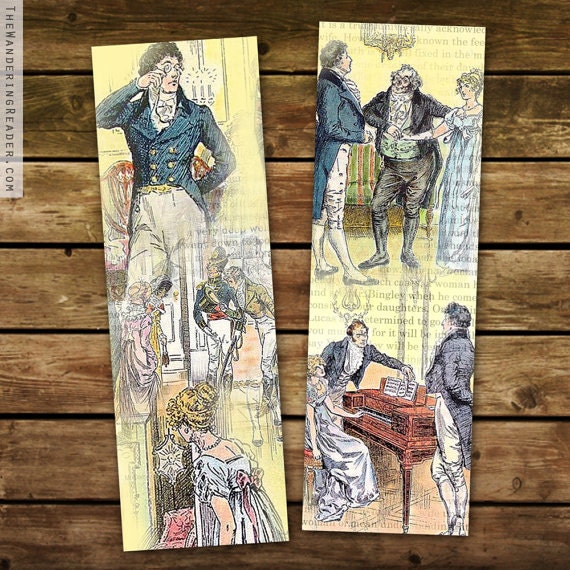 Pride and Prejudice Literary Bookmark Set Featuring Vintage Illustrations of Darcy and Elizabeth