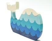 Children's Blue Painted Whale Wood Puzzle with Waves