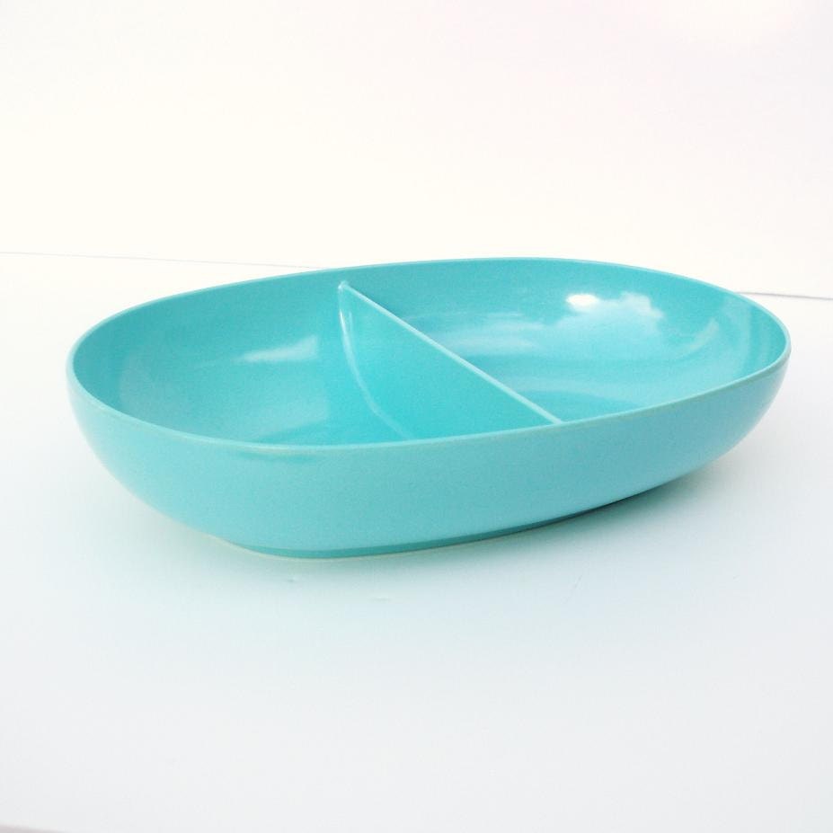 Aqua Melamine Dish, Oval Bowl, Turquoise Melmac, Divided Serving Dish, Kitchenware