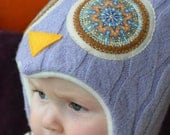 Hoo Hat -Upcycled Wool Owl Hat -Lavender Cable Knit Lambswool-Size Small (17-18.5" head -age 6-12 months)