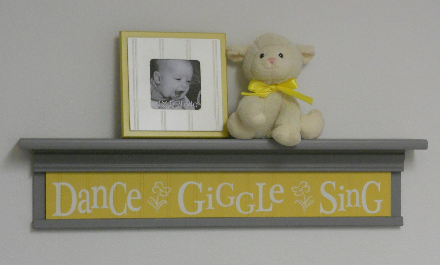 Yellow and Gray Nursery Decor - Dance Giggle Sing - Sign on 30" Grey Shelf with Yellow Whimsical Flower Nursery Wall Decor