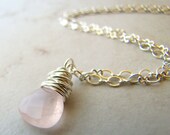 Rose Quartz Necklace Pendant Pink Quartz Bridal Gemstone Pastel Pink Wire Wrapped BellinaCreations