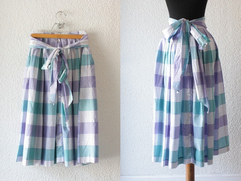 1980s Gloria Vanderbilt purple and teal plaid full skirt // waist tie
