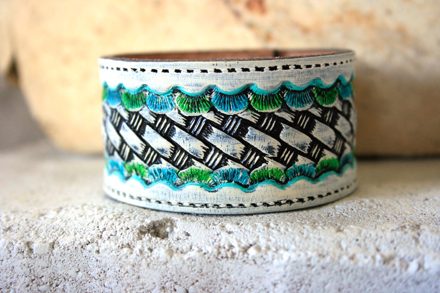 Leather Wristband Cuff Upcycled Hand Tooled in White and Turquoise - finds for her - Gypsy Boho