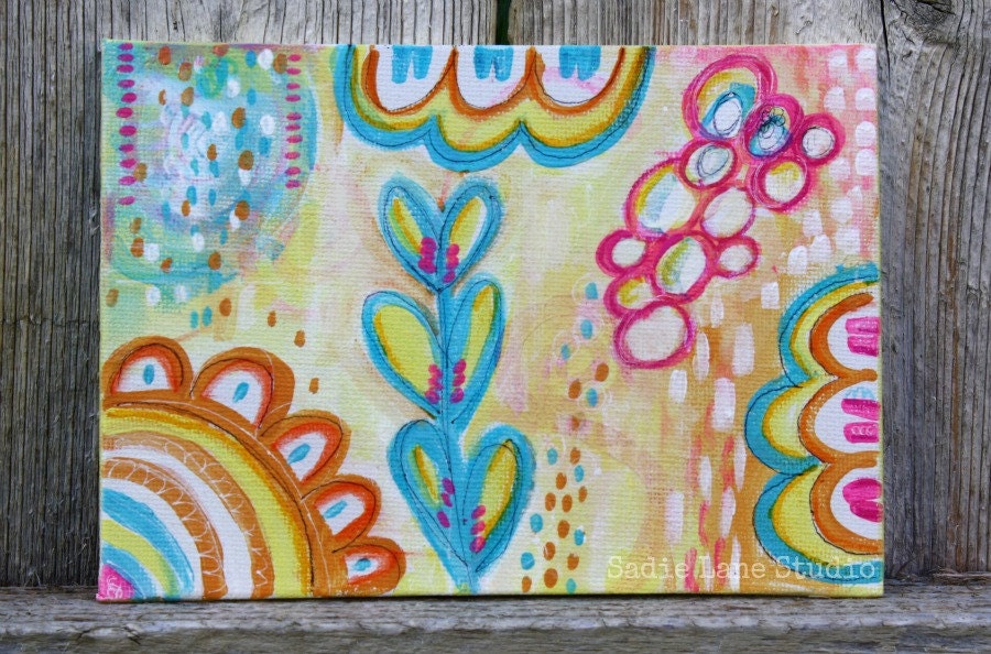 Abstract, Modern Original Painting on 5 x 7 Canvas Panel - Happy Colors - Yellow, Orange, Pink, Aqua - Canvas Wall Art