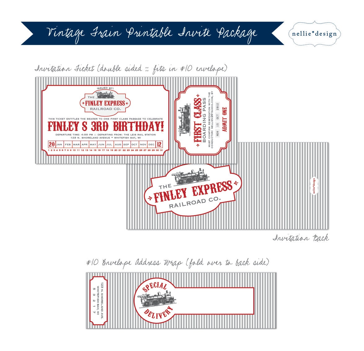 Vintage Train Theme Birthday Party Invite & Address Label