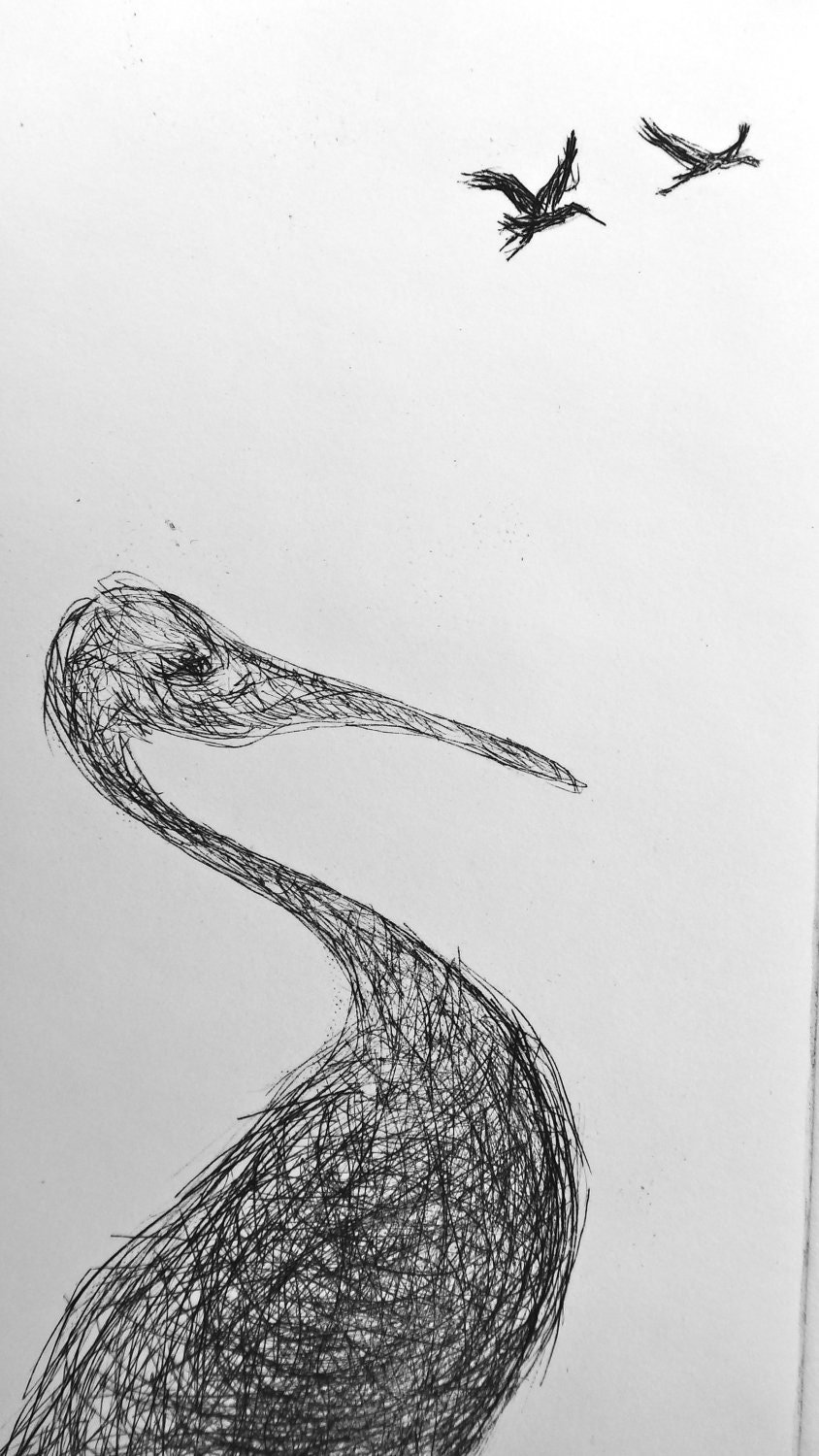 Original Sandhill Crane Drypoint Print with Signature