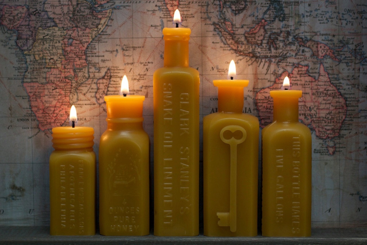 Beeswax Candle Collection - antique bottle shaped - "5 Squares" - by Pollen Arts - FREE Apothecaries
