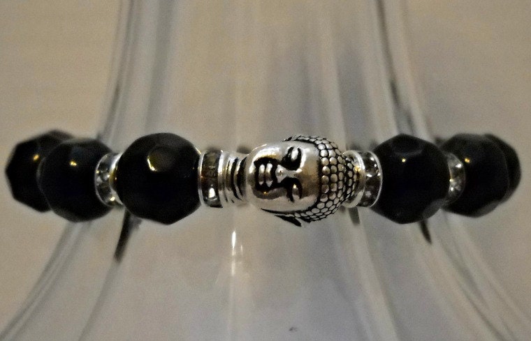 Silver Buddha Charm and Black Faceted Bead with Swarovski Accents Stretch Bracelet, Jewelry, Bracelet