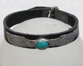 Silver wing wristband with turquoise and  leather, air force jewelry