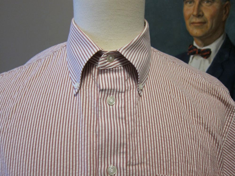 J.Press Red Seersucker Button Down Sport Shirt Large 17 Half Sleeve