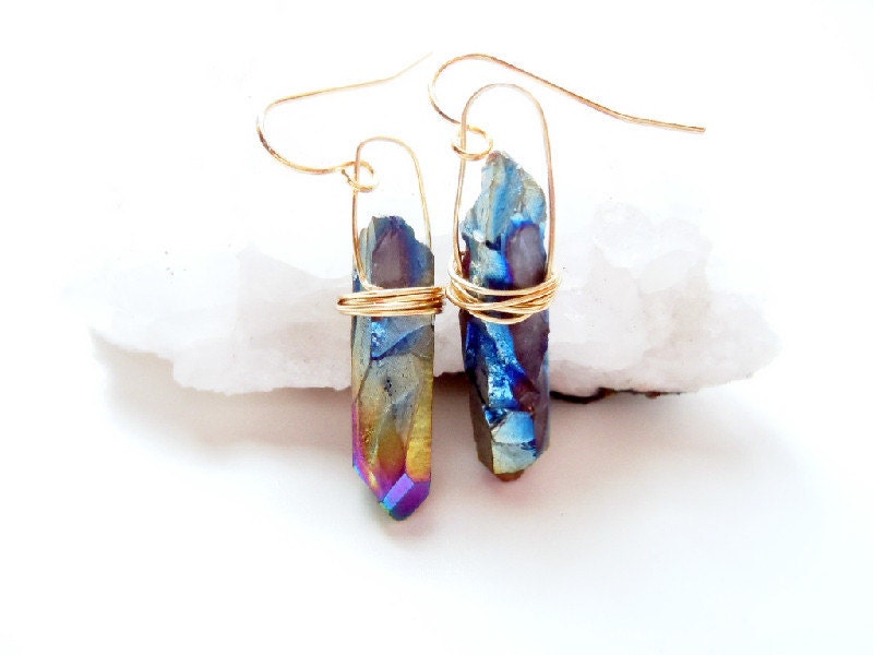 Crystal Quartz Dangle Earrings - Titanium Rainbow Raw Crystal - Boho Gypsy- Natural History
