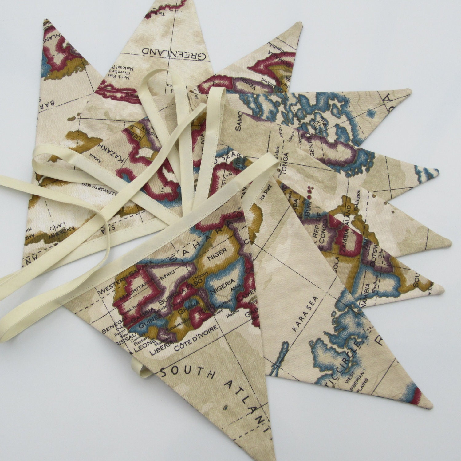 Map Fabric Bunting Nautical Antique Style Atlas Beige  9 double sided Pennant Flags 8 foot long plus ties New Handmade