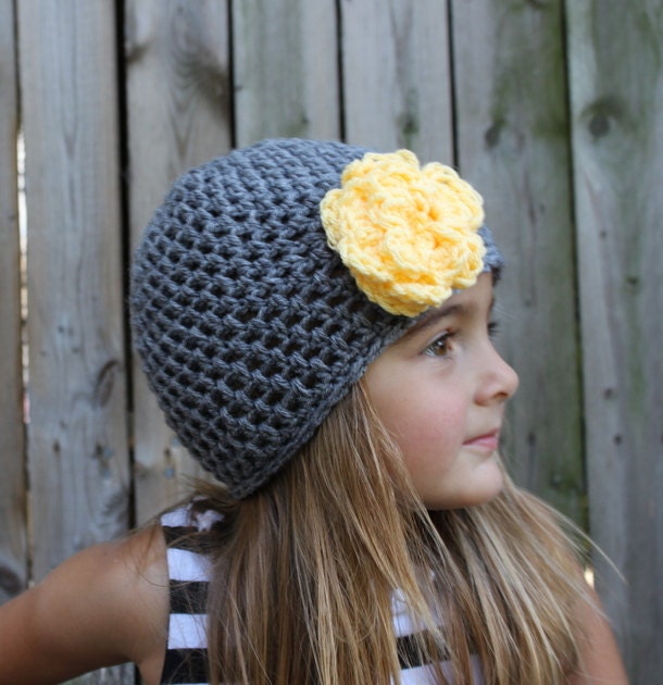 Crochet Hat  Gray Crochet Hat Yellow Gray Flower Hat Toddler Beanie Girls Baby  2t, 3t, 4t