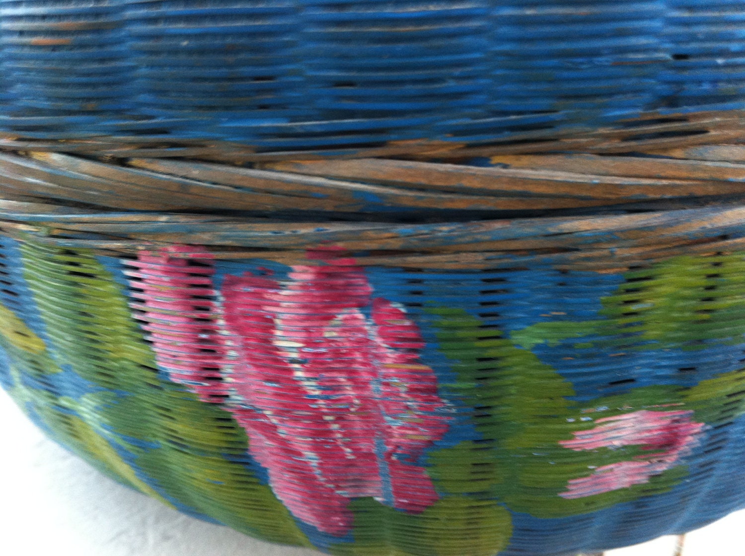 Vintage Antique Sewing Basket with Needle Misc Pieces LESS Than 34 OLD Blue Hand Painted Basket
