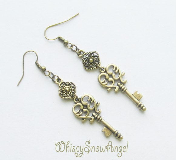 Antique Bronze Key Earrings Victorian Steampunk