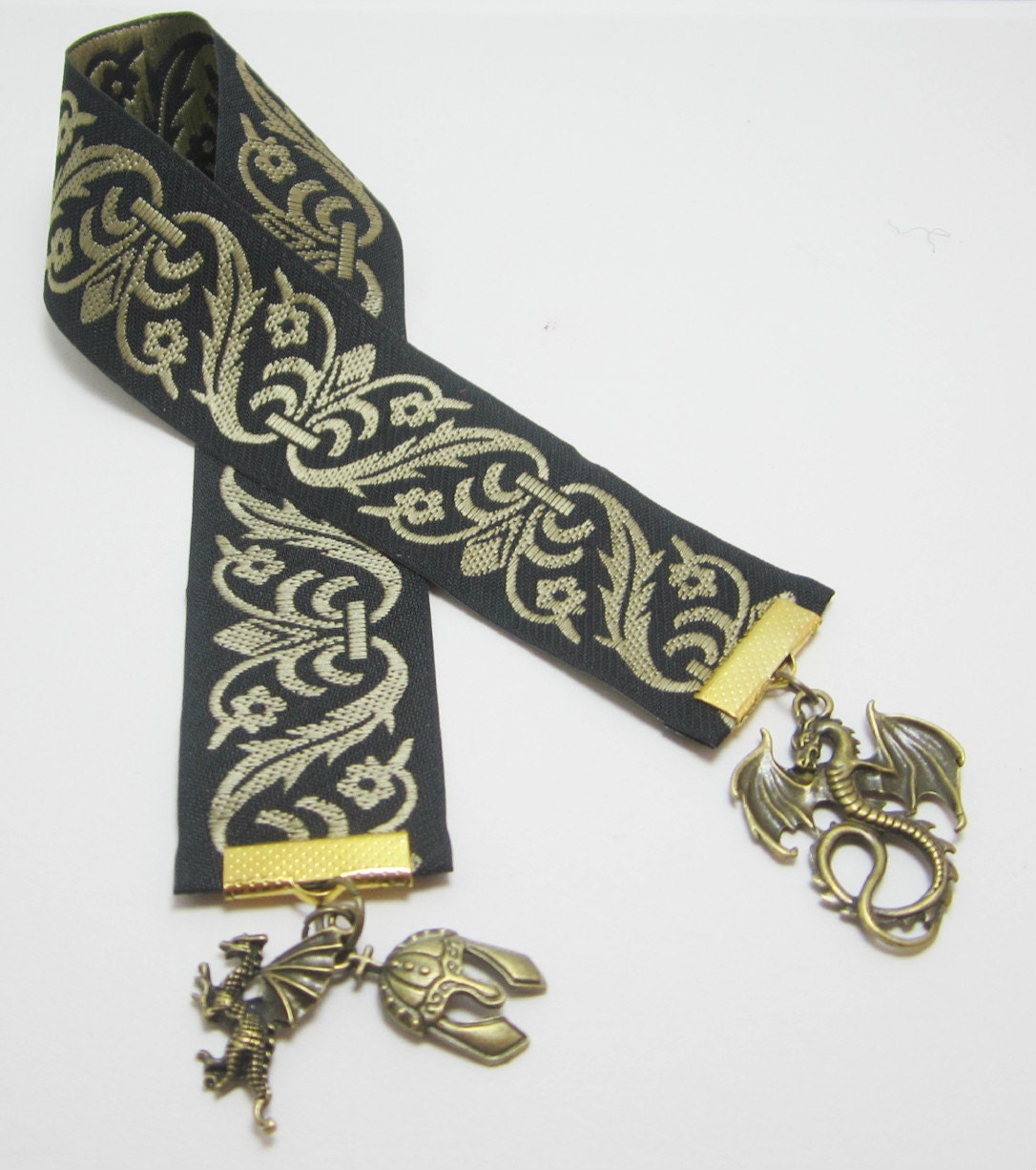 Bronze Scrolled Black Fantasy Aeonith Ribbon Bookmark with Dragons and Helmet Charms