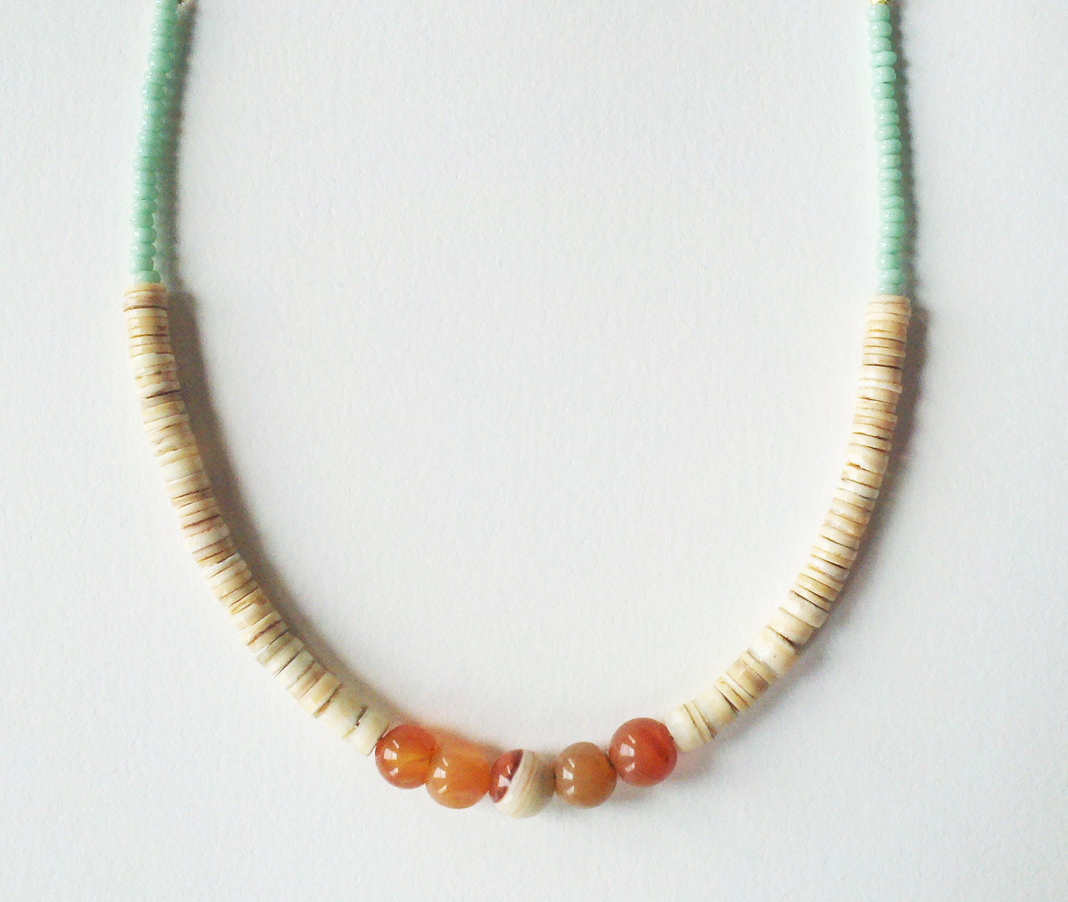 Peach agate, light yellow shell, mint beads and vintage gold chain necklace