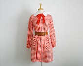 1960s peter pan collar yoke front midi babydoll dress in red and white gingham , size large - TheArborVitae