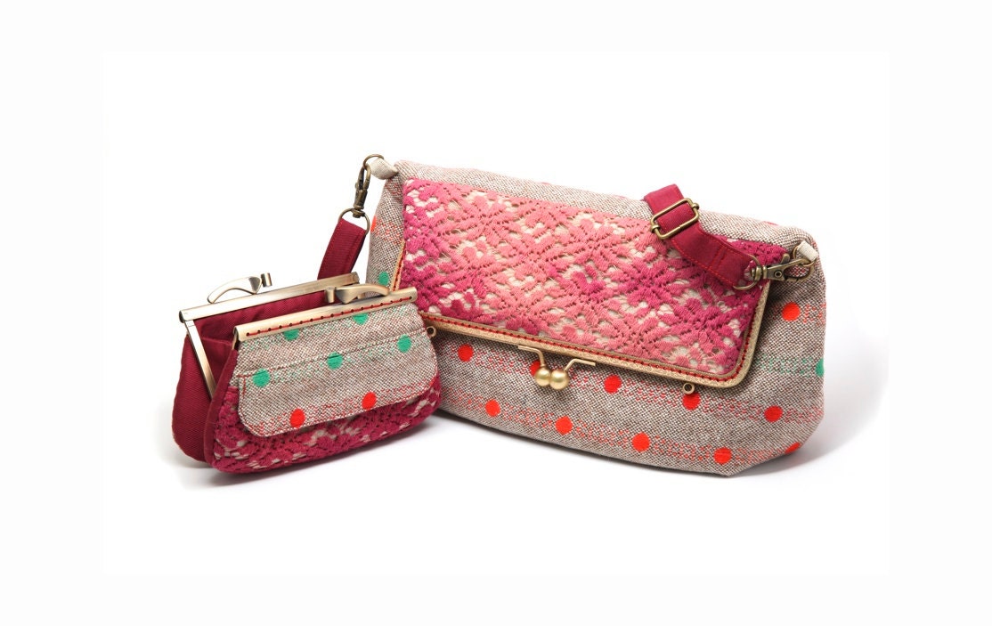 Burgundy lace clutch shoulder bag and wallet set
