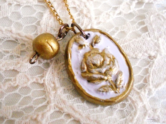 Whimsical Rose - Eco friendly Clay Charm Necklace - Shabby chic lavender and gold