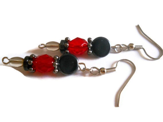 Ruby Red Earrings, Silver Gray Czech Glass Earrings, Hematite Earrings, Modern Bohemian Earrings, Scarlet Beaded Jewelry
