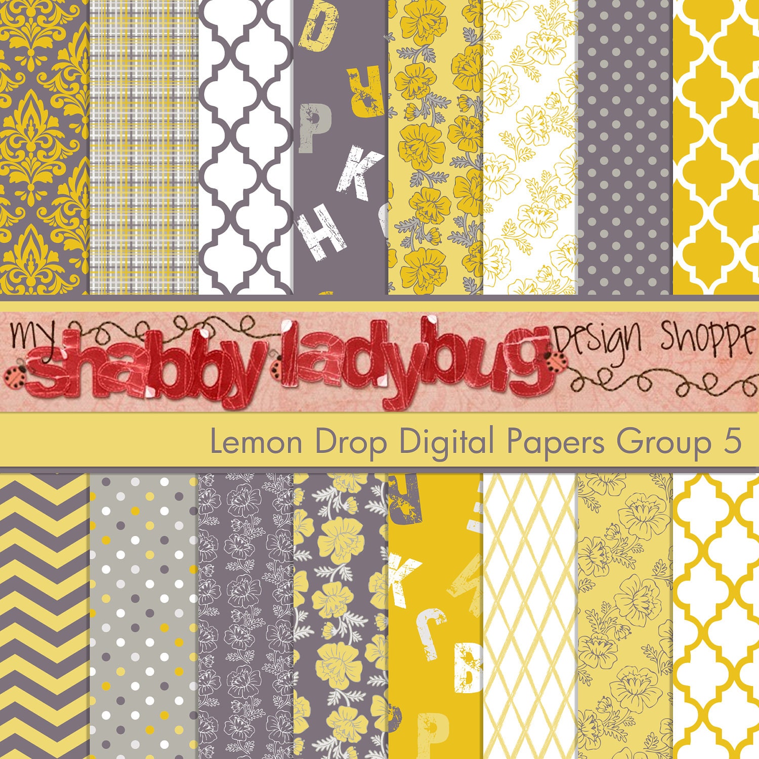 Lemon Drop Digital Paper Collection Group 5: 16 Individual 12x12" 300 dpi digital scrapbook papers greys, yellows, white, citrine