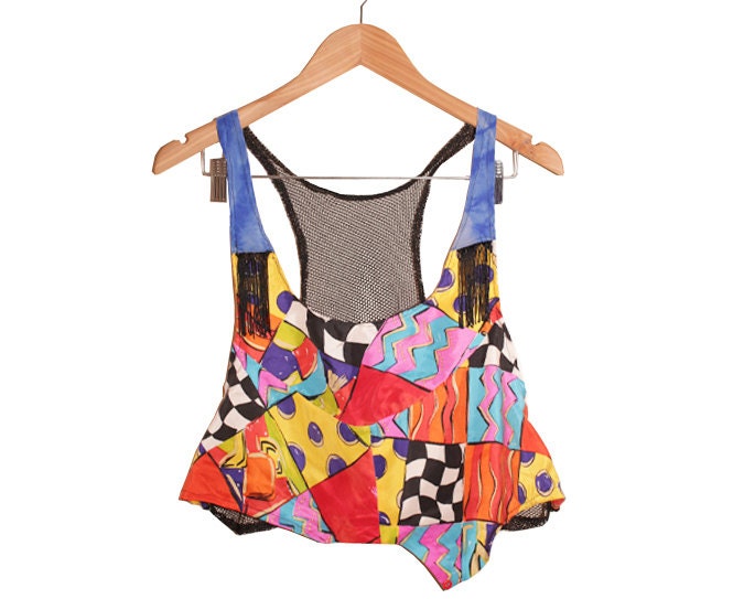 80s bold Silk wif Fringe and Mesh back size M