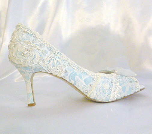 Something Blue ..mid heel...baby blue lacey wedding shoes...peep toes...Swarovski crystals and pearls